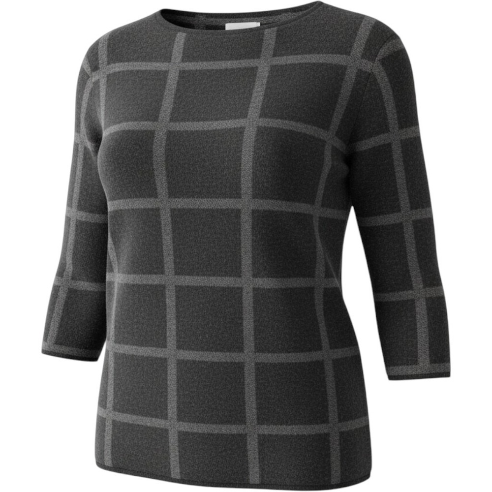 Eileen Fisher 100% Merino Wool Sweater S Gray Windowpane 3/4 Sleeve Top Career